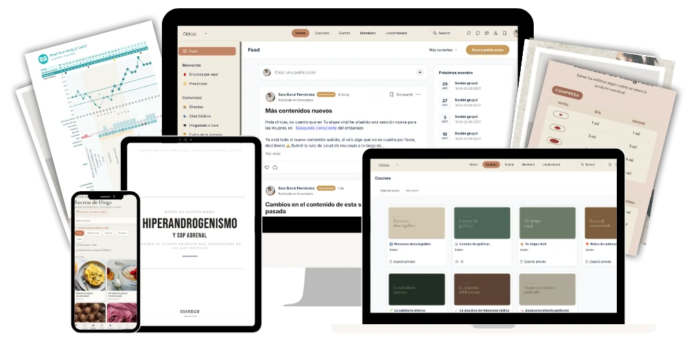 Contenidos de Cíclicas: los cursos en Circle, la app con sus recetas y rutas, y las guías descargables